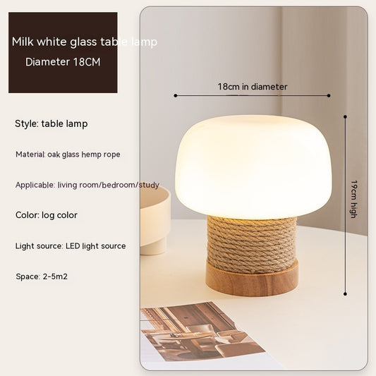 Japanese Cream Mushroom Lamp - Handcrafted Oak & Glass Bedside Light